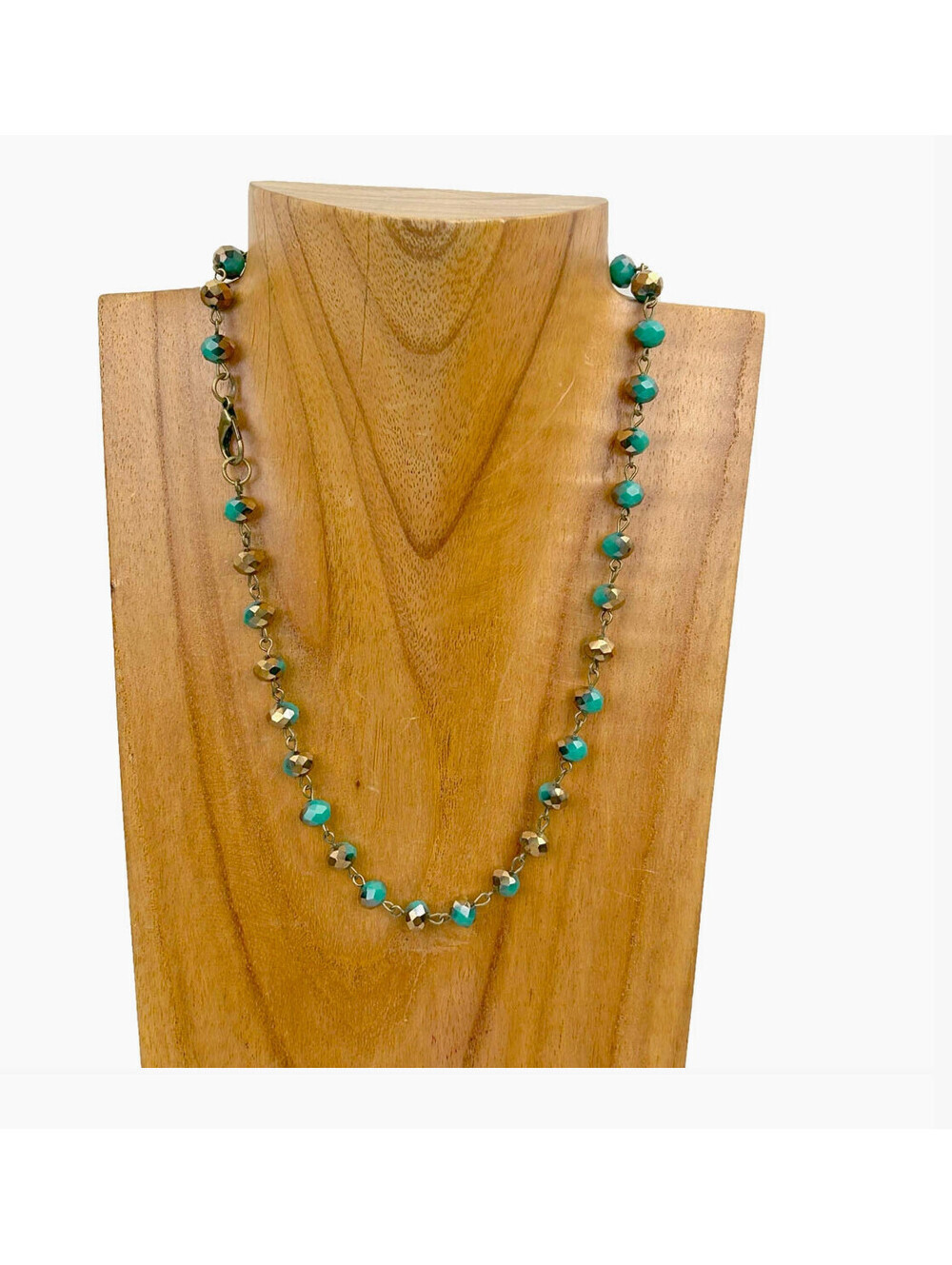 Turquoise Faceted Crystal Beaded Necklace 17” Copper Tone Chain Boho Jewelry NEW